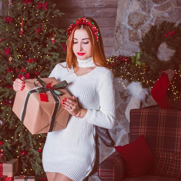 Red Christmas Pearl Rhinestone Headband Knotted Jeweled Hairband for Women - Picture 6 of 6